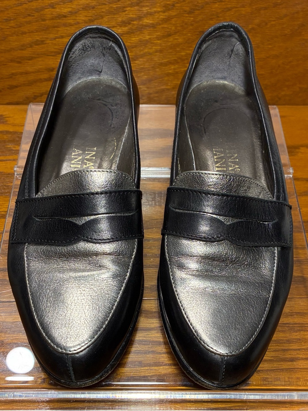 Italian Leather Two-tone Black Silver Penny Loafers Leather Sole EU 36 US 5.5